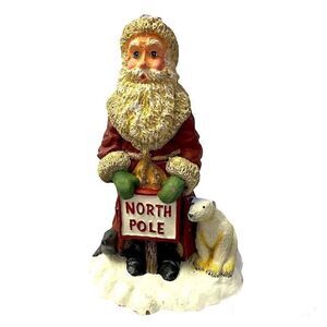 Vintage Hand painted and signed Santa & Polar bear, Bill Davis 1997 Pecan Resin